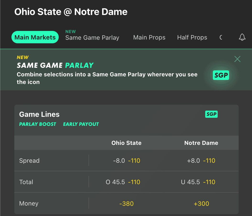 Bet365 line for the College Football Championship game between Ohio State and Notre Dame.
